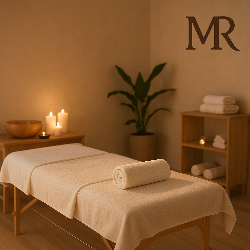 Sala de masajes de Rosana con camilla de lino, aromaterapia y calidez en Berazategui